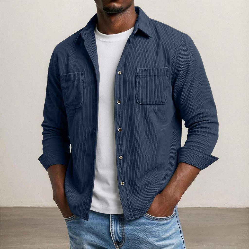 Camicia casual da uomo a maniche lunghe in velluto a coste con colletto alla coreana