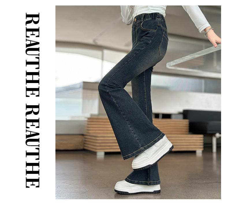 Girls' 2024 Korean Style Elastic Slim Fit Denim Flare Pants for Spring/Autumn