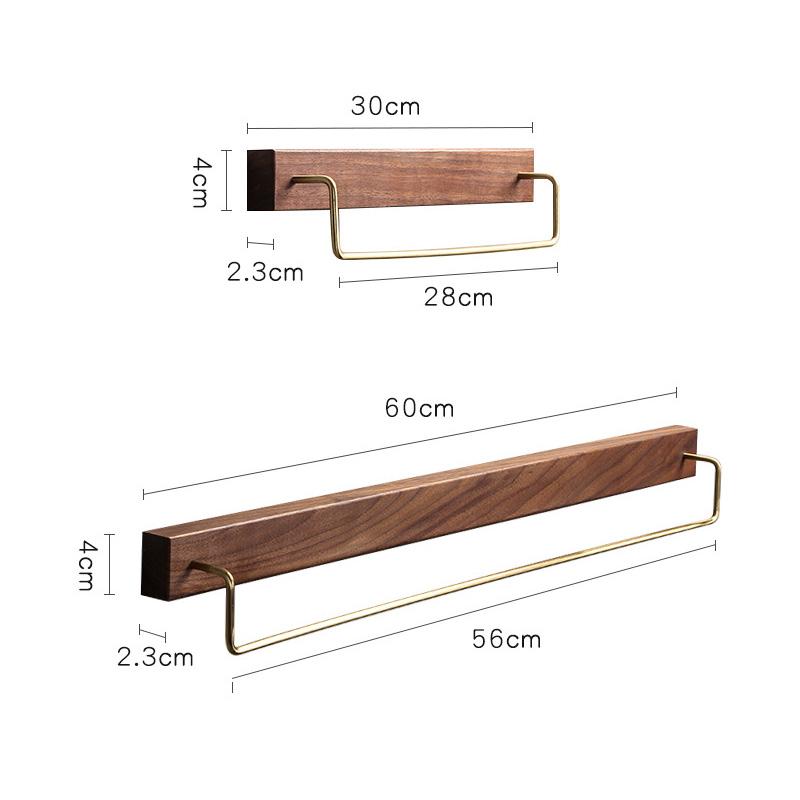 Black Walnut Wood Towel Rack Wall Mounted Retro Towel Bar Wooden Towel Holder Brass Towel Rail Brass Hooks for Bathroom Kitchen