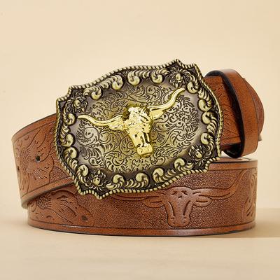 Herren- und Damenbekleidung — Western-Cowboy-Stil PU-Ledergürtel — Vintage-Gürtel mit bedruckter Schnalle für Jeans