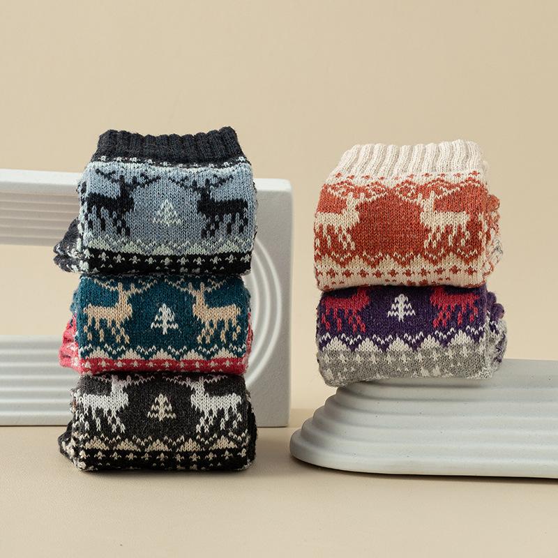 5 Pairs of Women's Winter Thickened Warm Christmas Deer Mid Calf  with Ethnic Style Rabbit Wool Socks