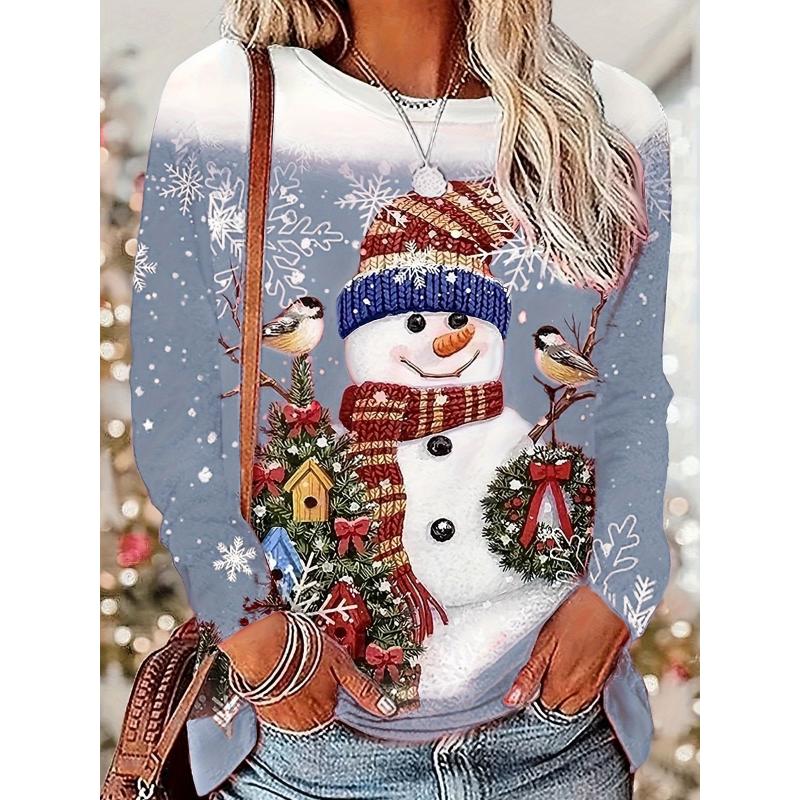 

Женская футболка с длинным рукавом, с круглым вырезом, туника с длинным рукавом, праздничный повседневный топ с принтом снеговика и птицы 3XL