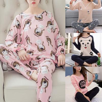 Women's Pajamas Homewear Set of Long-sleeved Long Pants Pajamas Ms. Autumn Simple Korean Cartoon Loose Large Size Homewear