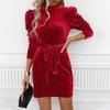 ins European and American velvet party elegant and generous lace-up waist and thin long-sleeved hip-wrapped short skirt