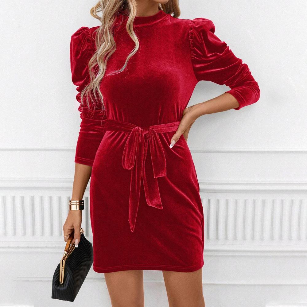 ins European and American velvet party elegant and generous lace-up waist and thin long-sleeved hip-wrapped short skirt