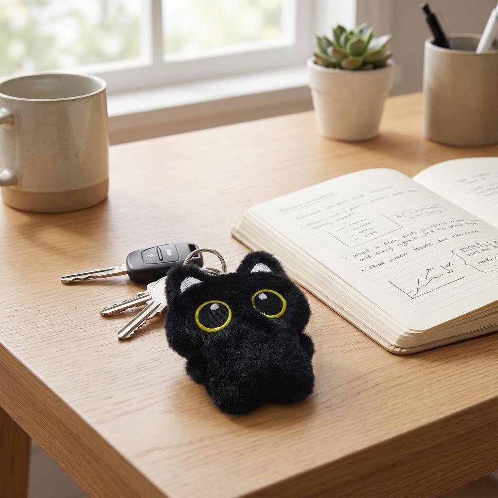 Black Fluffy Black Cat Keychain with Carabiner [HUIJUFU] Heart-Shaped