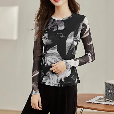 Tie-dye Mesh Long-sleeved T-shirt for Women In Spring Retro Temperament Base Shirt Fashionable Top