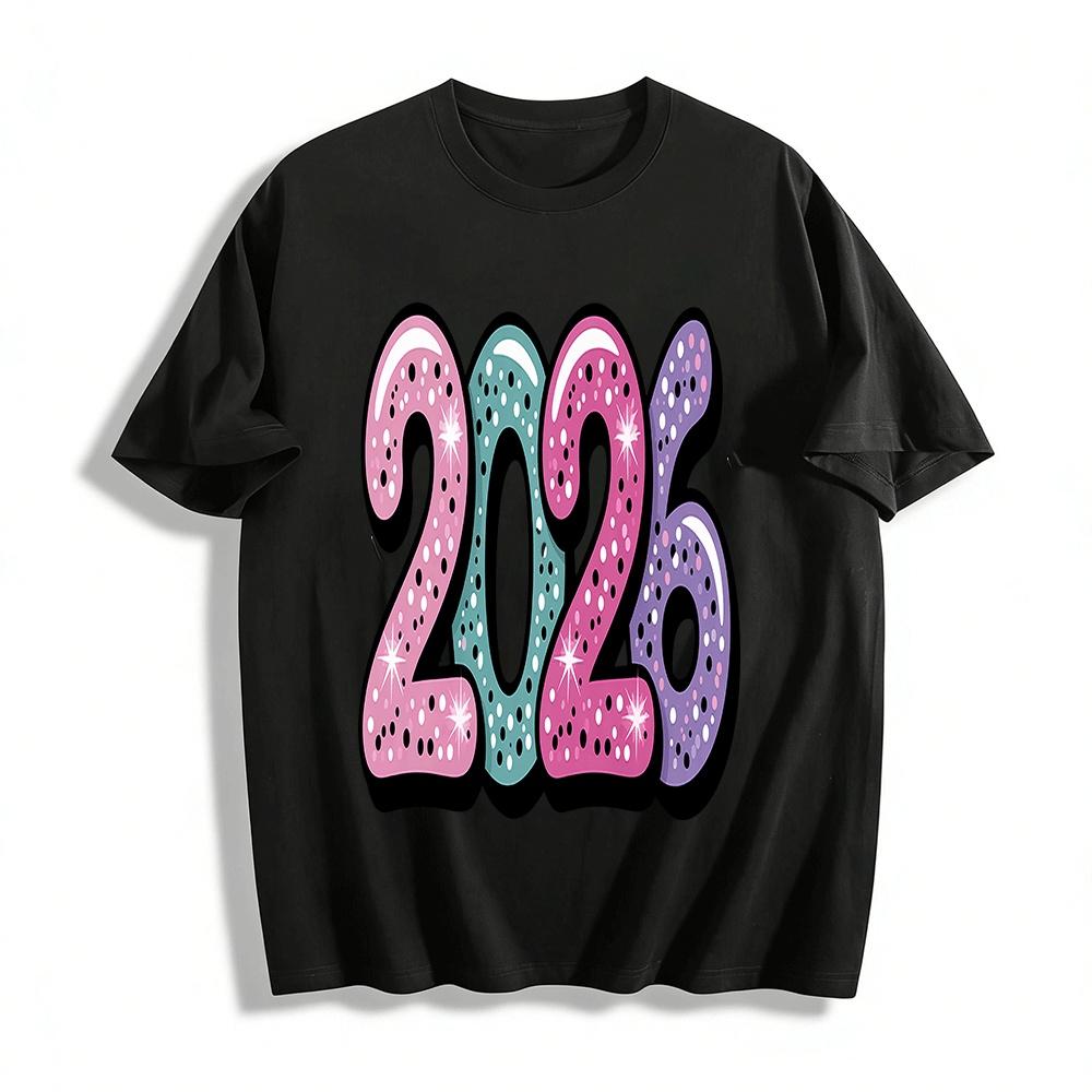2026 Glitter Number New Year Themed Casual Printed Top Pure cotton T-shirt XXS