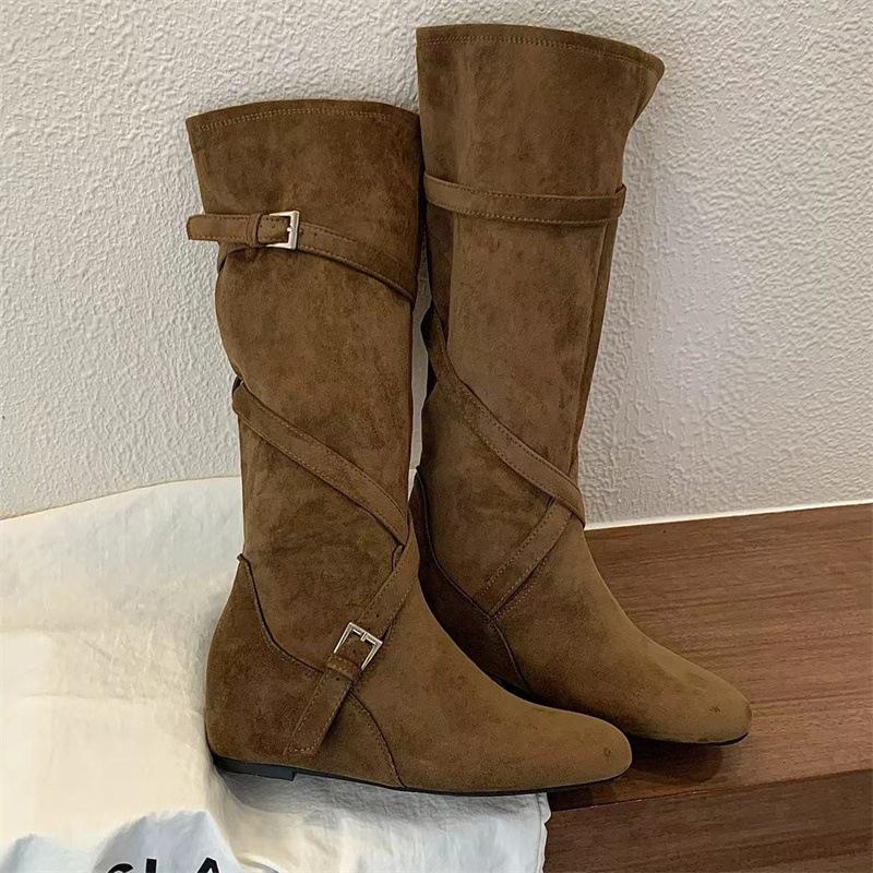 Stacking boots retro matte suede inner heightening cross belt buckle boots comfortable western cowboy high boots