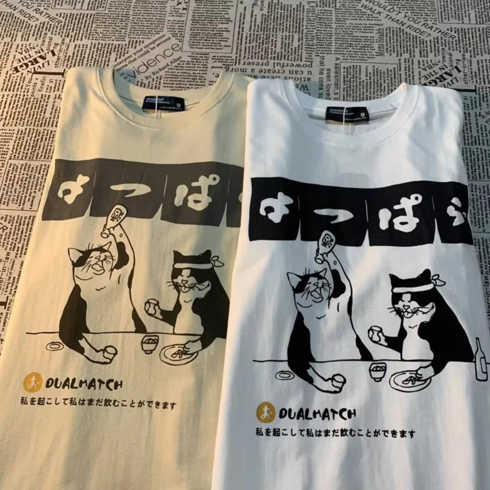 Original Japanese Retro Cat Print Pure Cotton Short Sleeved T-shirt For Men's Women's Trendy Street Loose Couple T-shirt