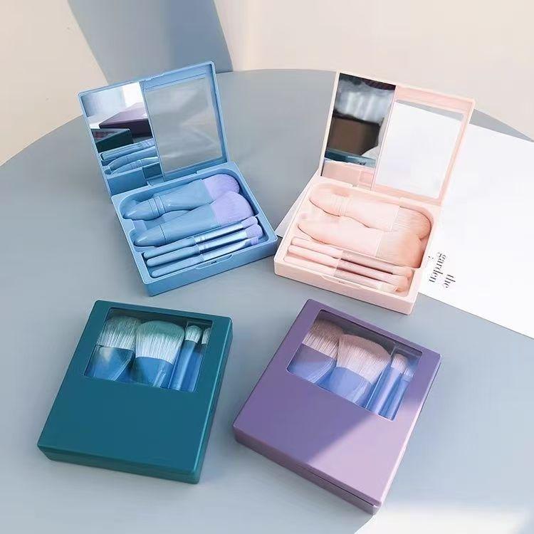 5-Piece Travel Makeup Brush Set with Mirror Box - Includes Foundation and Eye Detail Brushes