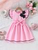 Vestito Estivo alla Moda per Bambine in Tessuto Jacquard Testurizzato Maniche a Sbuffo Vestito con Cintura e Fiore