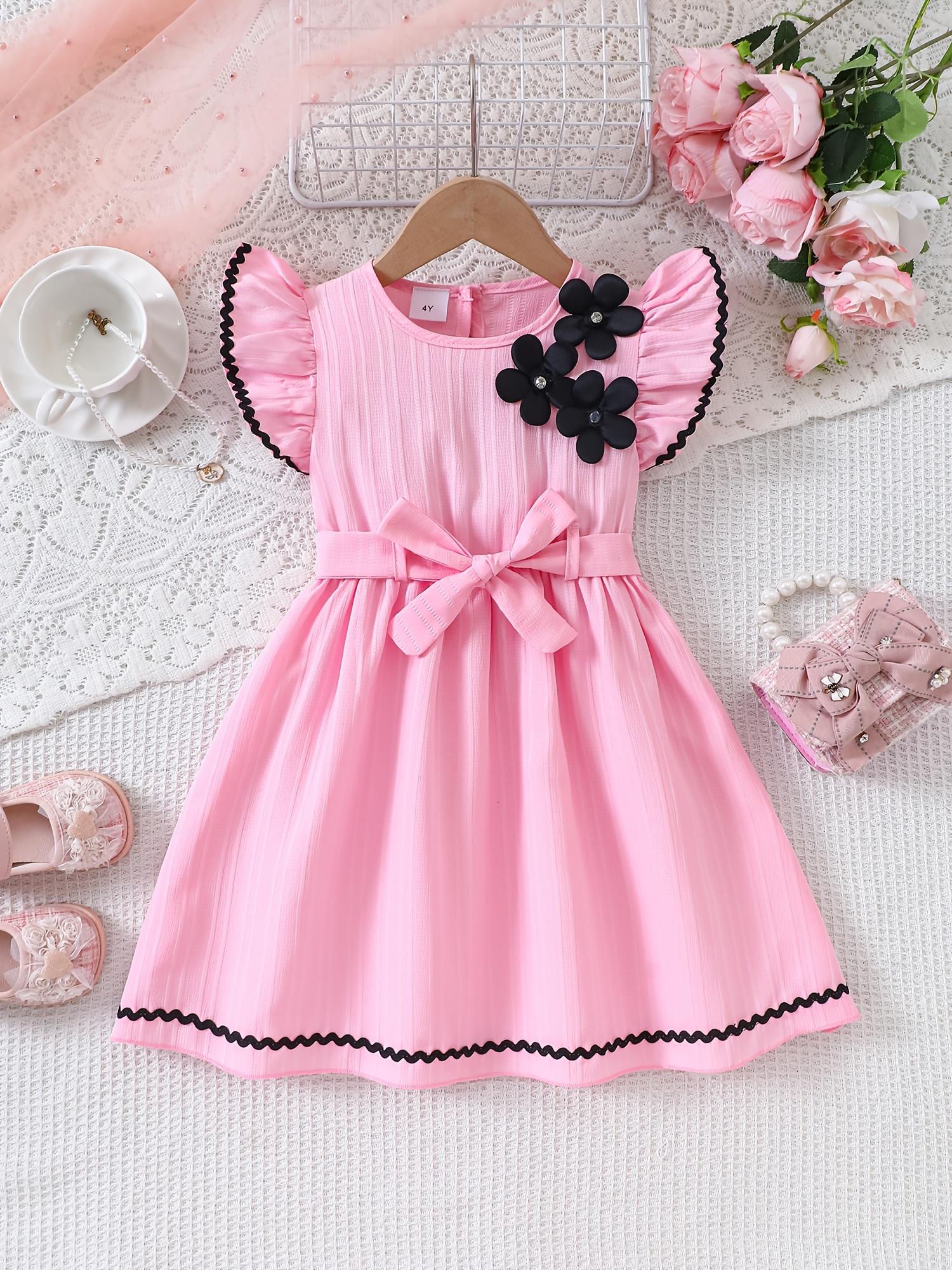 Kids Girls Dress Summer Fashion Textured Jacquard Fabric Flutter Sleeves Belt Dress with Flower 4Y