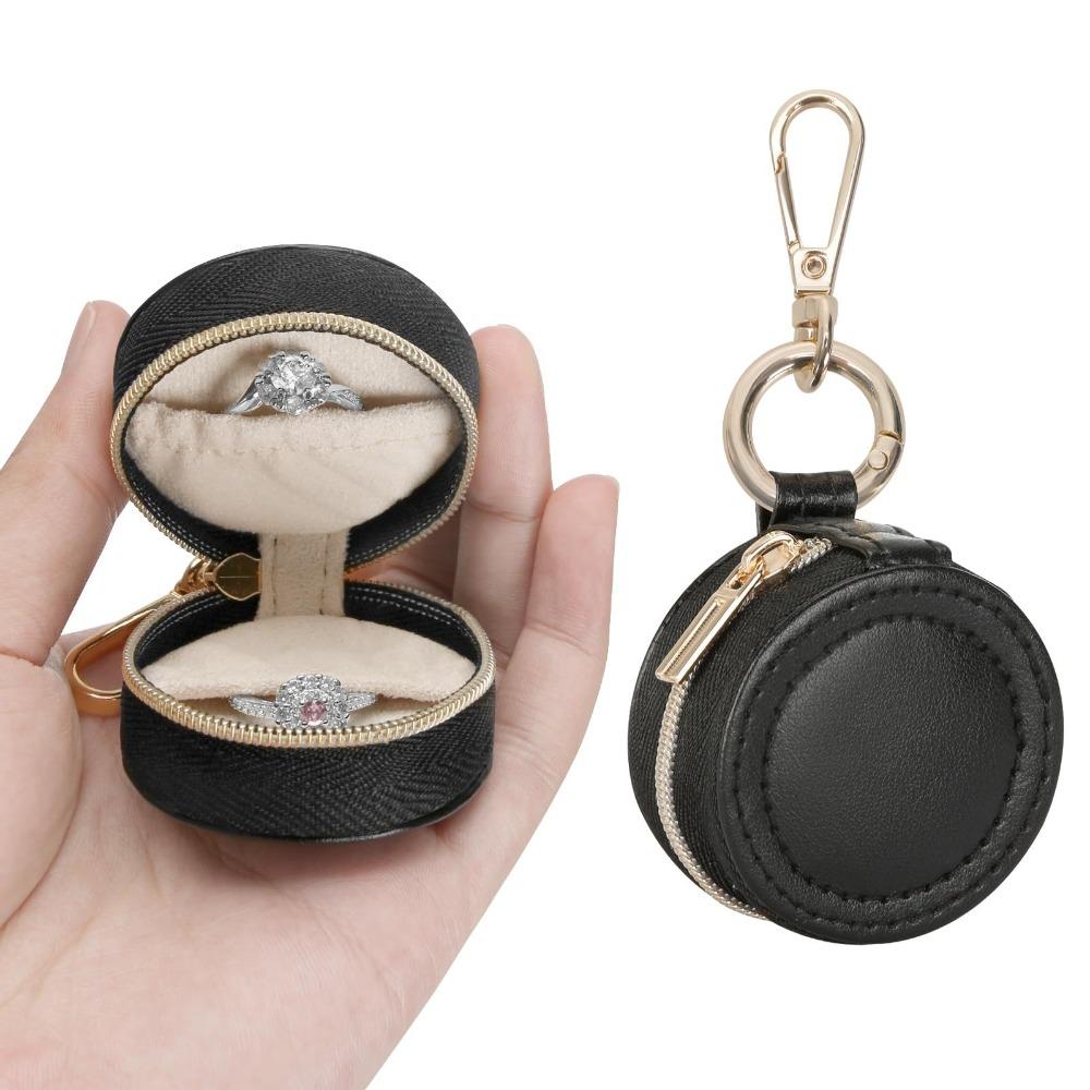 Round Portable Jewelry Storage Bag Necklace Ring Jewelry Box Storage Case With Keychain  Women