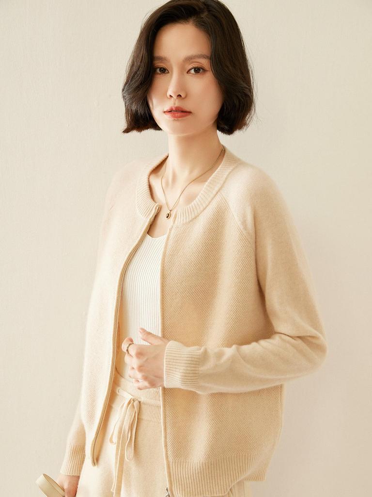 Women's Cashmere Zip Cardigan: Autumn/Winter 2025, Solid Color, Korean Style, Loose Fit, Slimming Round Neck