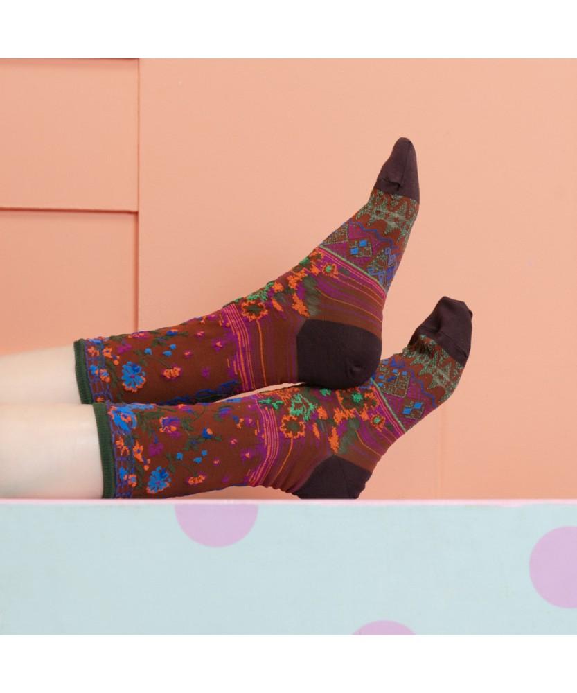 Kokyu Antigua Flower Socks - Brown [Cq-Ct-24-1-N4M-030]