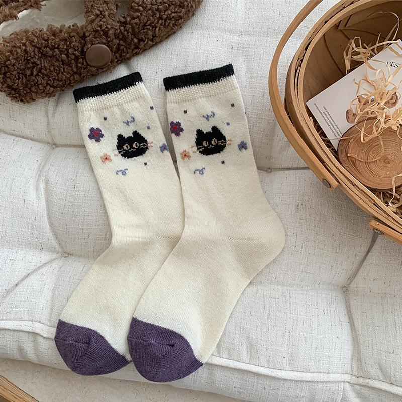 

Warm Wool Socks, Mid-Leg Socks, Seasonal Thickened Fleece, Cute Cats, Cartoon Winter Stockings One size fits all молоко, білий колір