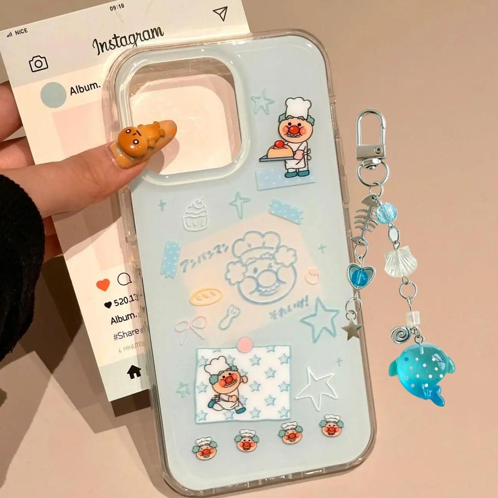 Korean Ins Blue Chef Old Man Cartoon Cute Phone Case for iPhone 17 16e 16 15 14 13 12 11 Pro Max X Xs Air Plus Feather Texture