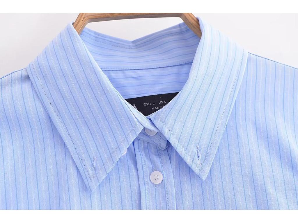 Spring 2025 Women's European-American Striped Poplin Long Sleeve Shirt with Turn-Down Collar