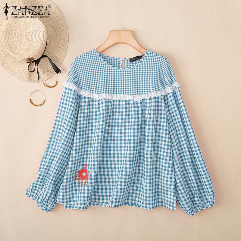 ZANZEA Women Casual Round Neck Long Sleeve Plaid Print Blouse