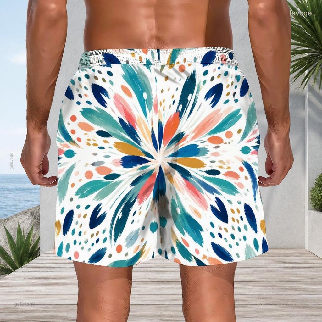 Men Plus Size Abstract Art Print Beach Shorts Quick Dry Drawstring Casual Swim Trunks With Pockets For Summer Surfing Vacation