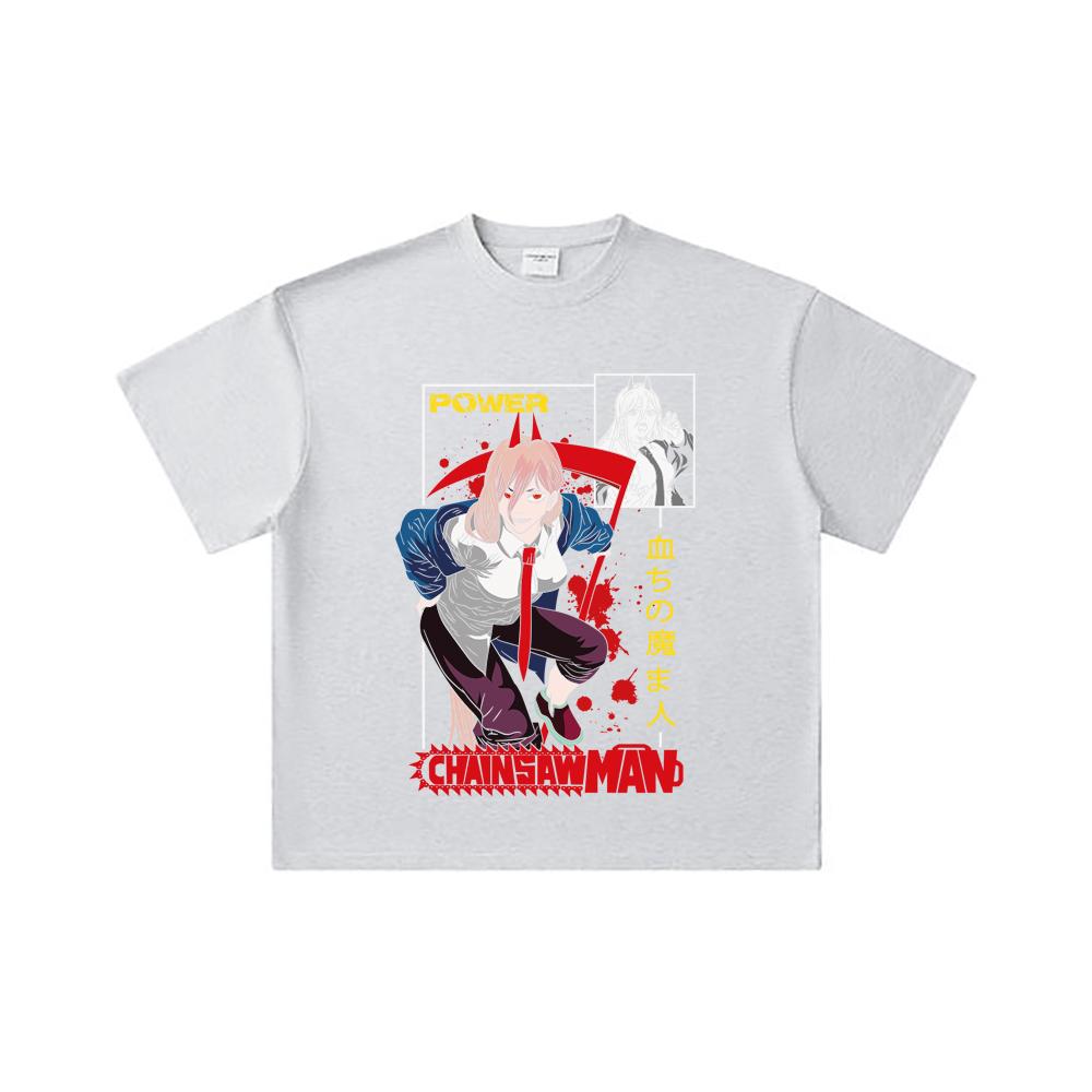 T-shirt Unisex Pesante in Cotone 260 GSM Filato Doppio Titolo 32 100% Cotone Chainsaw Man V40 Stampa Potente