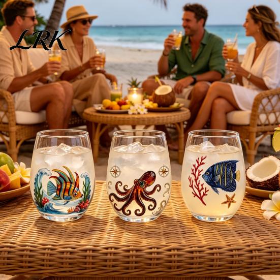 Küstendesign Tumbler Handgefertigter Glasbecher, Einzigartiger Aufdruck mit Meerestier-Motiv für Eiskaffee Cocktails Bar Tumbler, Dekorative Glasware Nautisch
