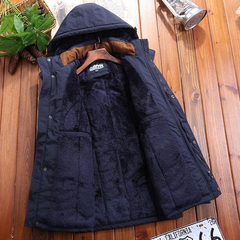 Winter Cotton Clothes Men's Medium and Long Thermal Cotton-padded Clothes with Fleece and Thickened Jackets, Loose Middle-aged and Young People
