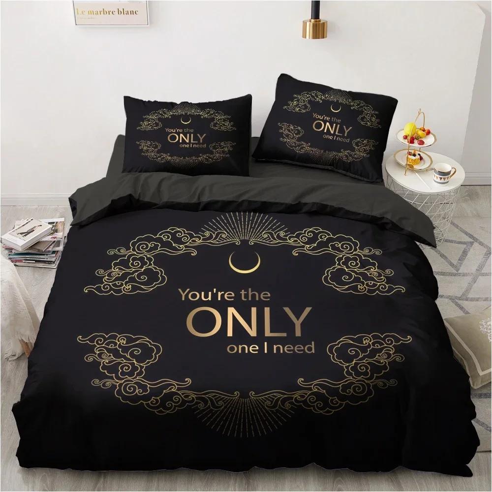 3D Black Bedding Set Pillowcase King Queen Full Single 200x200 Bed Linen Gold Design 3D Printed Duvet Cover Set for Teens Women