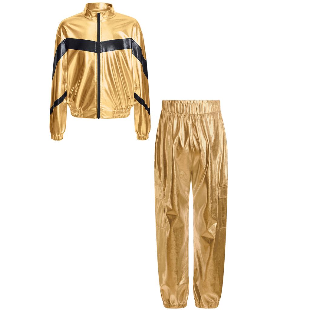 Mädchen Tanzjacke Mode Kontrastfarbe Langarm Stehkragen Metallischer Reißverschluss mit glänzendem Hosen-Set