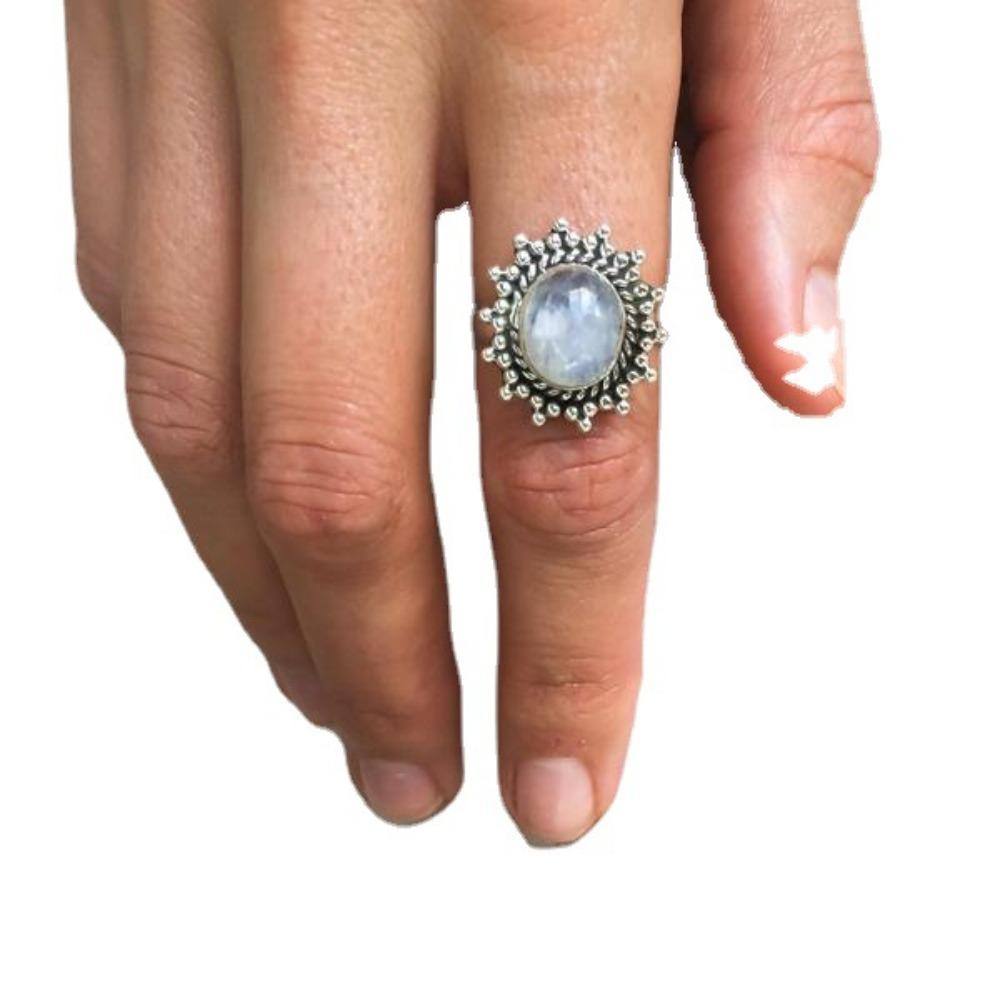 Elegant Moonstone Ring for Women Vintage Thai Silver Jewelry with Oversized Cabochon Stone Unique Gift