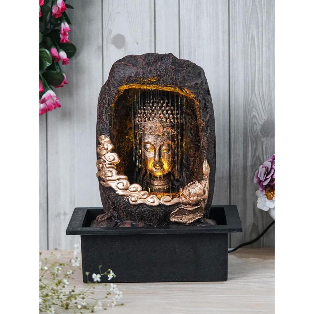 Bordsdekoration Polyresin Guldbrun Mediterande Buddha Sittande i Grottstil Inomhus Framsida Gardin Vattenfall Fontän för Heminredning