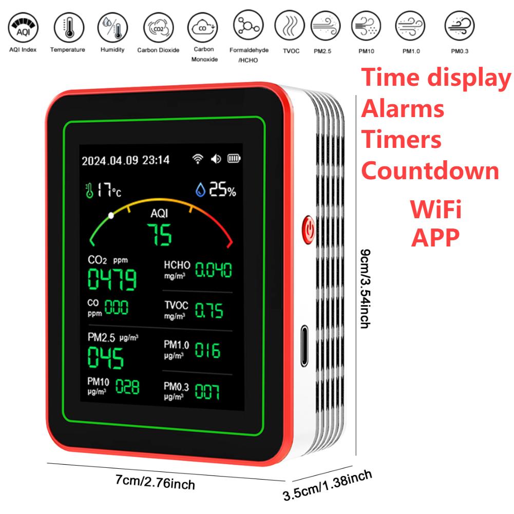 15-in-1 Indoor Air Quality Monitor Household CO CO2 TVOC HCHO Tester WiFi APP Control Portable AQI PM0.3 PM1.0 PM2.5 PM10 Tester