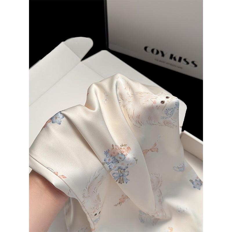 New ice and snow silk bow kitten pajamas spring and autumn long sleeves trousers printed Internet celebrity loungewear women