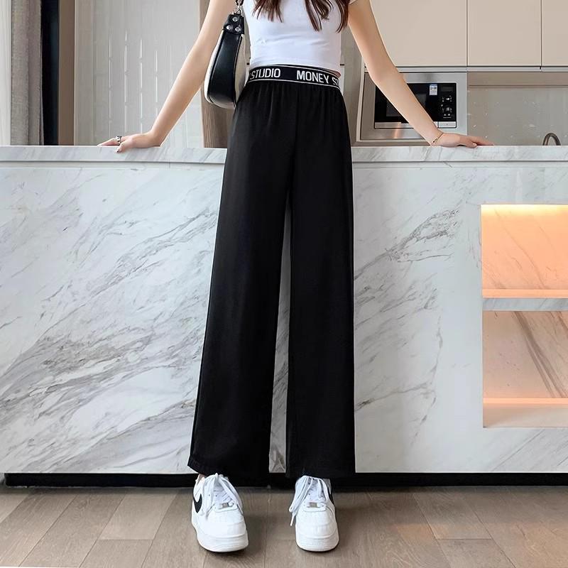 

Женские летние драпирующиеся спортивные брюки 2024 - С завышенной талией, облегающие прямые штанины, легкие широкие штанины для весны и осени M