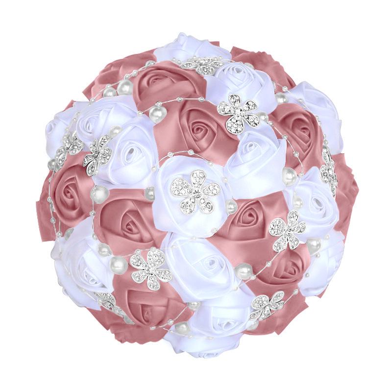 European & American Elegant Ribbon Flower Bridal Bouquet – Beaded Five-Flower Design