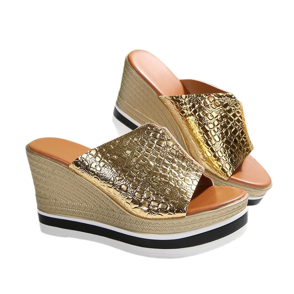 Thick-soled slope heel silver fish mouth one-word cool slippers women's 2025 summer light height increase big head office sandals