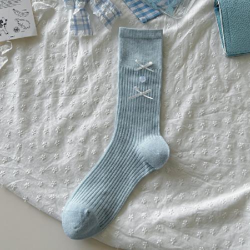 Ballet Style Solid Color Bow Mid Tube Socks Summer Cotton Lightweight Breathable Fashionable Soft Comfortable Casual Women Socks