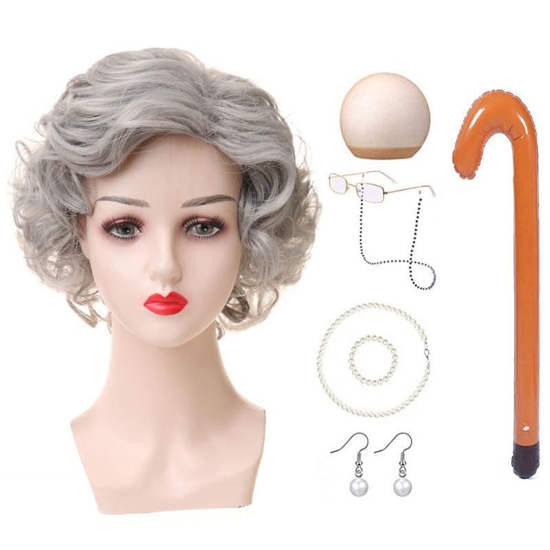 Versatile Short Curly Costume Wig Set For Grandmother Character Halloween Dress Up