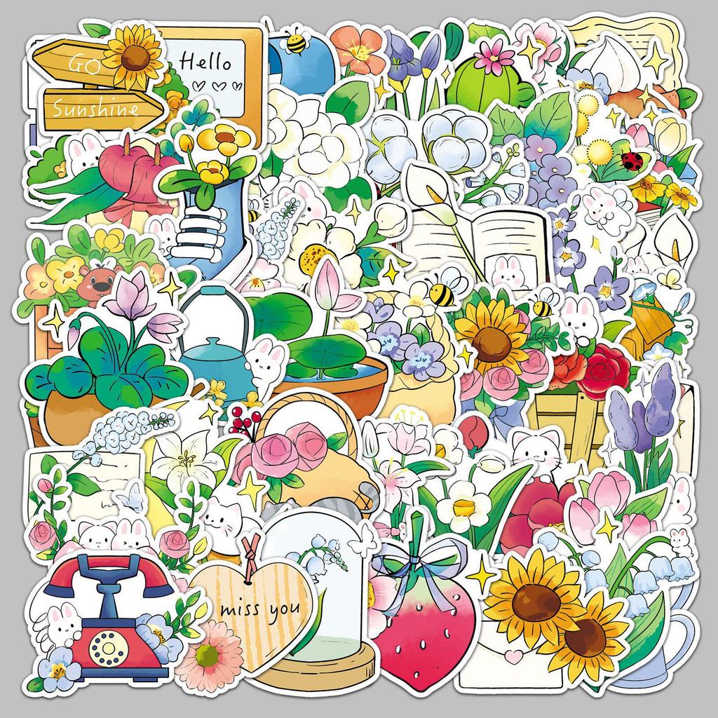 50 Sheets Hand-Painted Floral Story Stickers: Waterproof Decorative for Notebooks & Luggage