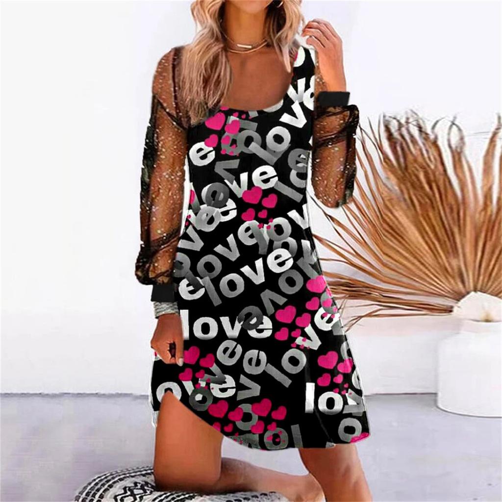 Women Dress See-through Mesh Patchwork U Neck Loose Shiny Sequin Long Sleeve Soft Irregular Hem Pullover Mini Dress