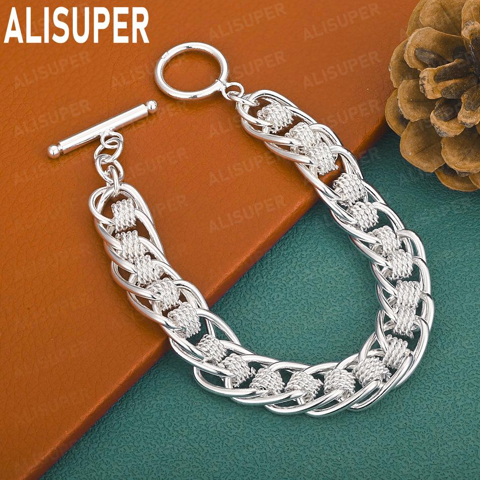 925 Sterling Silver Mesh Diamond Pattern Connecting Side Chain Simple Bracelet Gift Jewelry