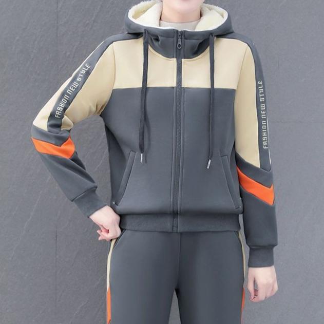 Women's Autumn Winter Fleece-lined Thickened Sports Suit Hooded Sweatshirt Two-piece Set Korean Style Warm Clothing