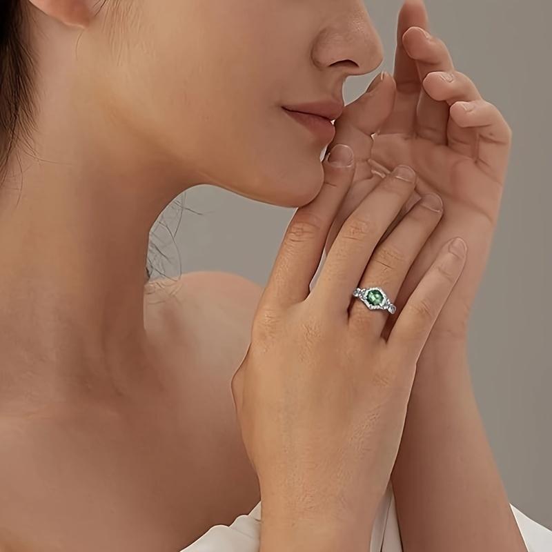 Classic 925 Sterling Silver Ring for Women Unique Natural Moss Agate Crystal Ring for Mom Birthday Engagement Gift