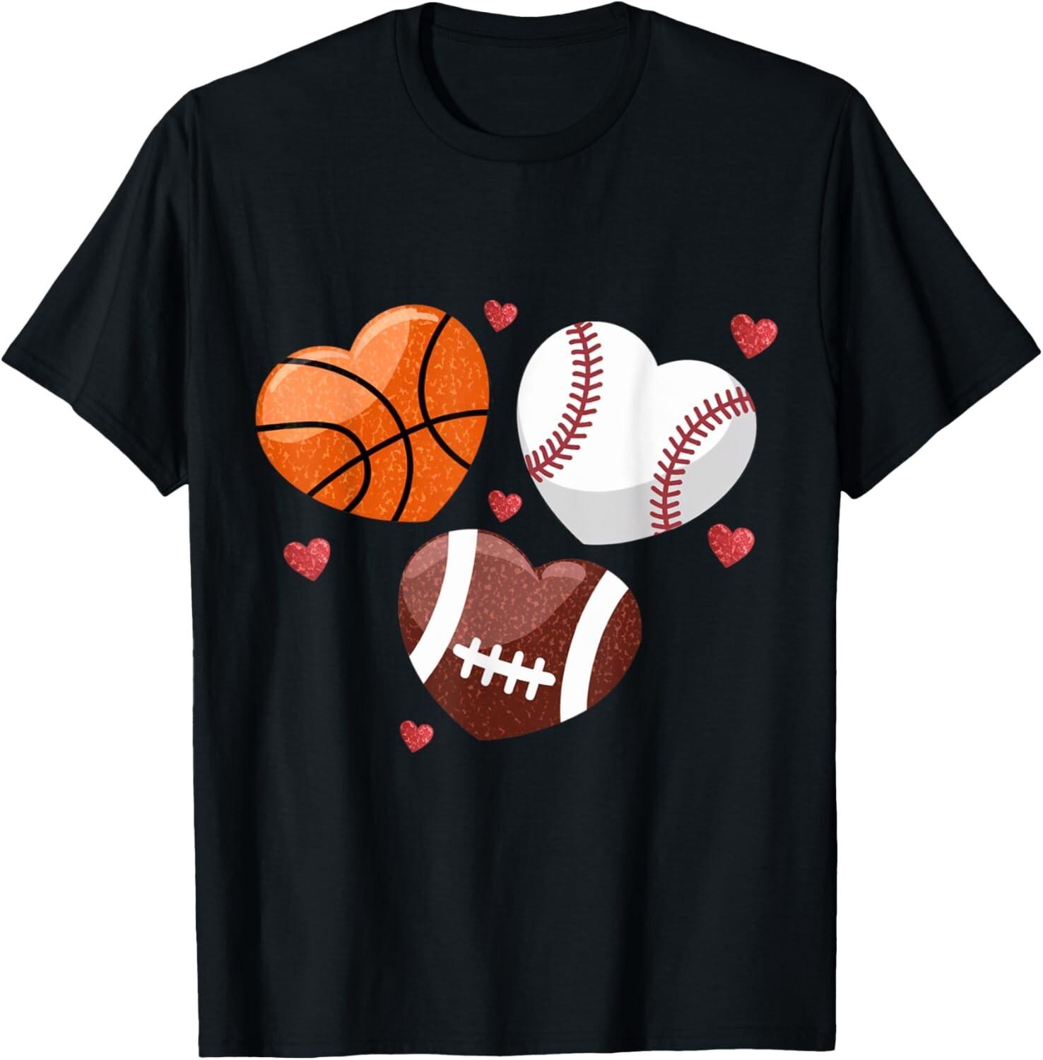 Heart Football Basketball Baseball Valentines Day Boys Men s unisex T-Shirt Mens Womens Tees Top M