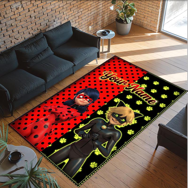Personalized Crystal Velvet Carpet Custom Name Text,Miraculous Ladybug Anti Slip Area Rug For Home Decoration