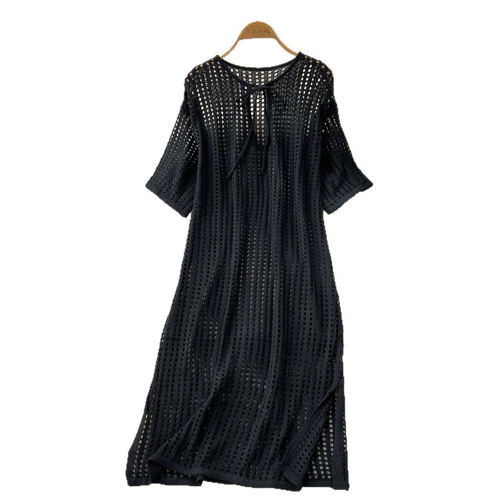 Hollowed-out Grid Knitted Dress Summer Lace-up Short-sleeved Slit Loose Dress