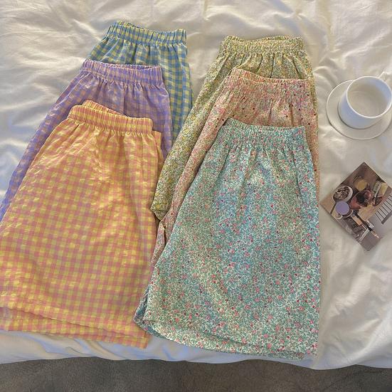 Sommer-Lounge-Shorts, Taille, weites Bein, Print, lockere Freizeitshorts, kariert, elastisch, hohe Passform, Schlafshorts