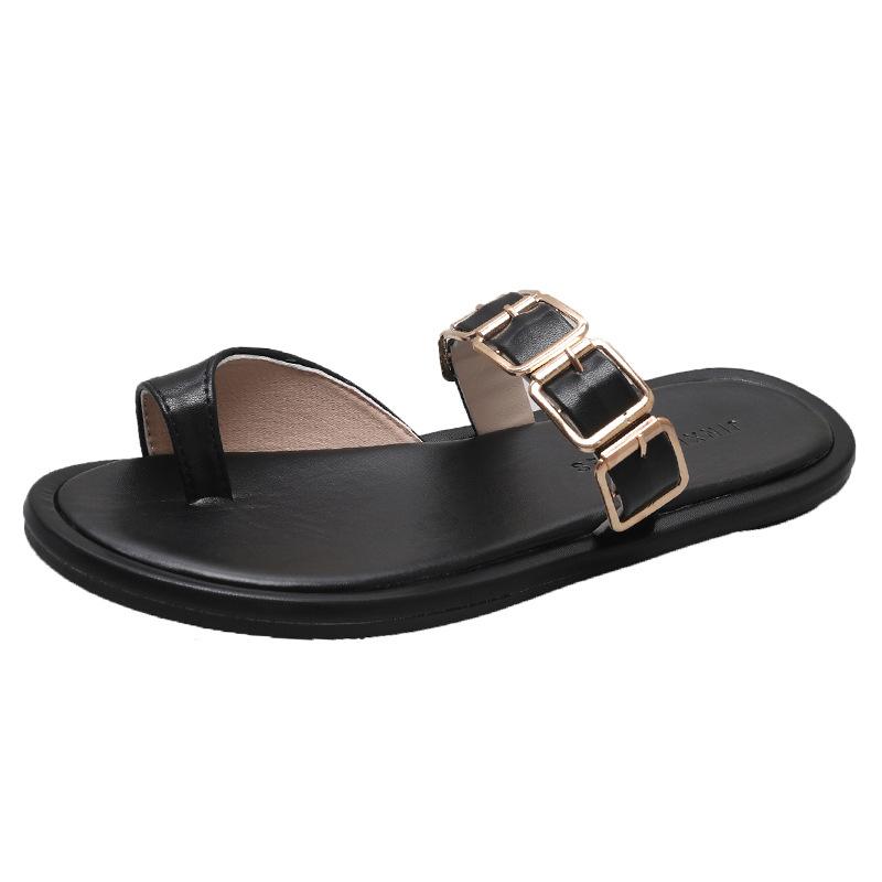 French haute couture one-word with sleeve toe flat bottom cool slippers outer wear women's 2025 summer new outer wear beach sandals