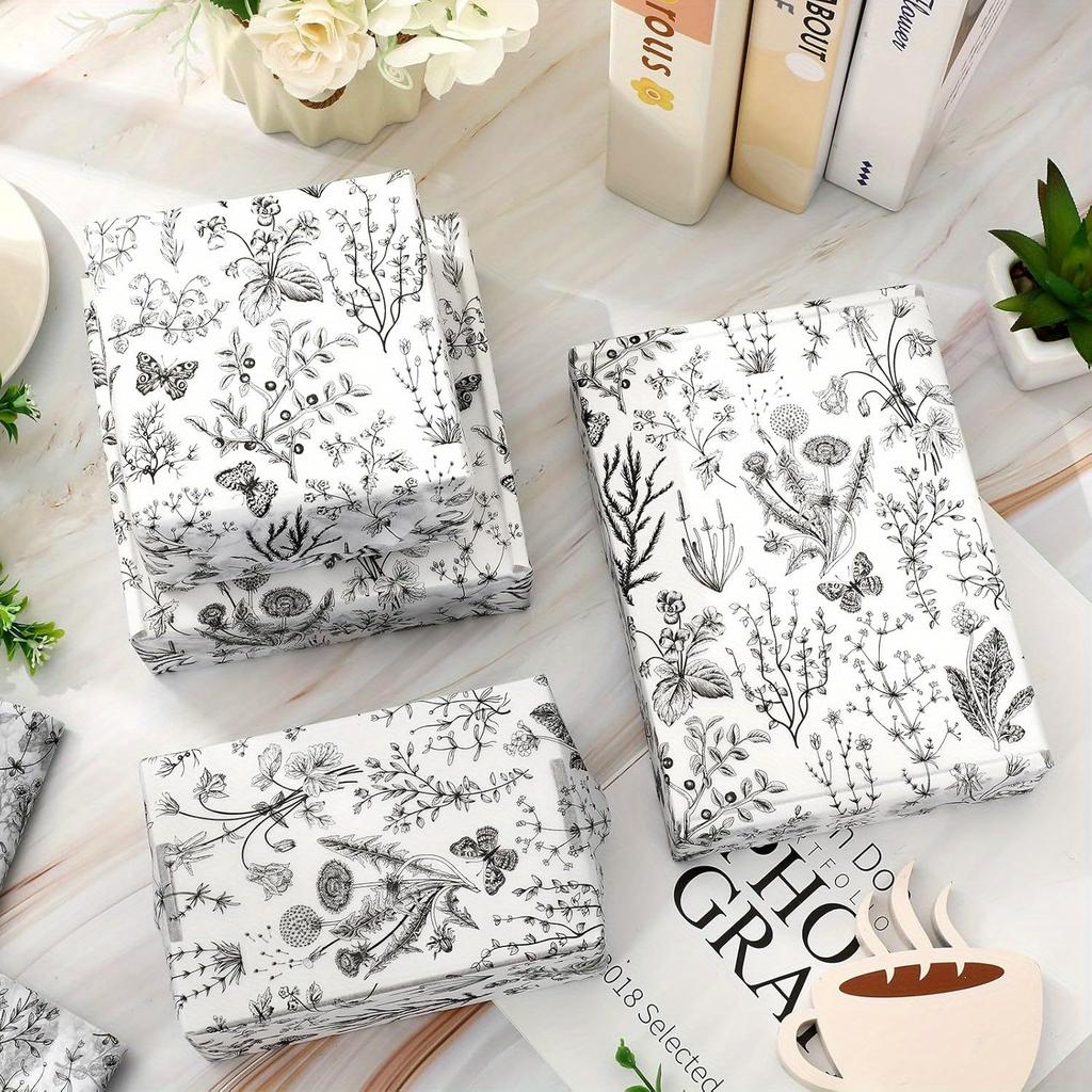 1 Set/50 Stück 13,77 * 19,68 Zoll schwarzes Wildblumen-Seidenpapier Retro-Wildblumenkunst-Seidenpapier, DIY-Handwerksgeschenkpapier